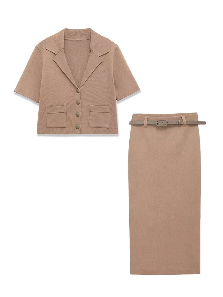 HH Women Fashion Lapel Short-Sleeved Single-Breasted Pocket Knitted Jacket+High-Waist Belted Street Casual Hem Slit Skirt Mujer