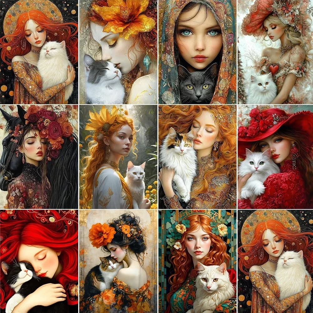 1pc frameless Animal Cat Girl Oil Paint Kits Diy Canvas Painting By Numbers Cartoon Wall Art Handpainted Picture For Living Room