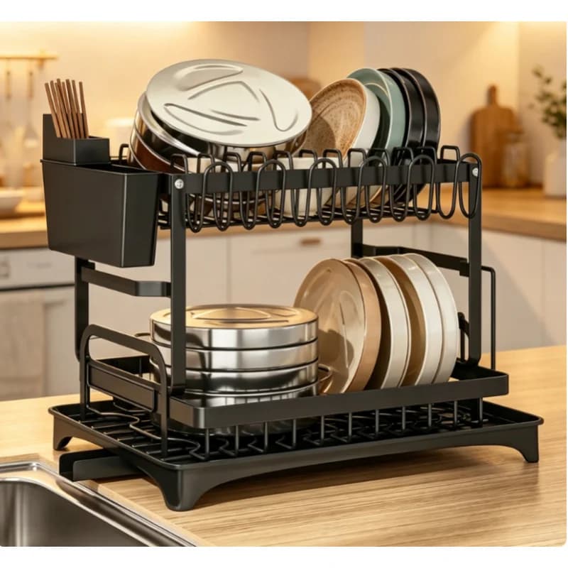 Premium Large-capacity 2-Tier Metal Dish Rack Drying Storage Shelf with Drain Tray for Kitchen