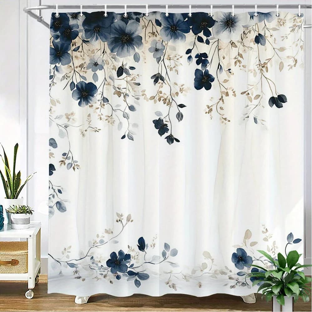 1 bellissima tenda da doccia floreale blu - Design botanico floreale acquerello, tessuto in poliestere, lavabile in lavatrice, con ganci