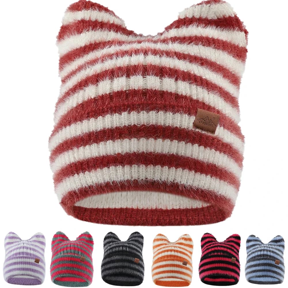 Hot Sale Women Y2K Beanie Hat Soft Warm Beanie With Cat Ear Stripes Design Fashion Outdoor Warm Hat Beanie Warm Cap For Girl
