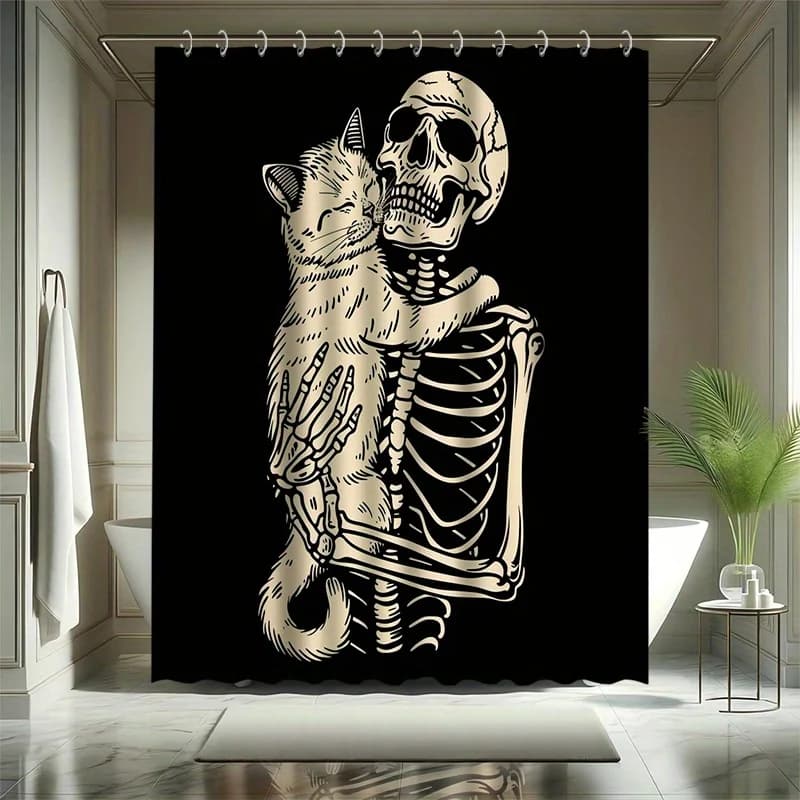 Set tenda da doccia scheletro di Halloween: scheletro horror e gatto carino, include 12 ganci, tessuto in poliestere, arredamento moderno per il bagno