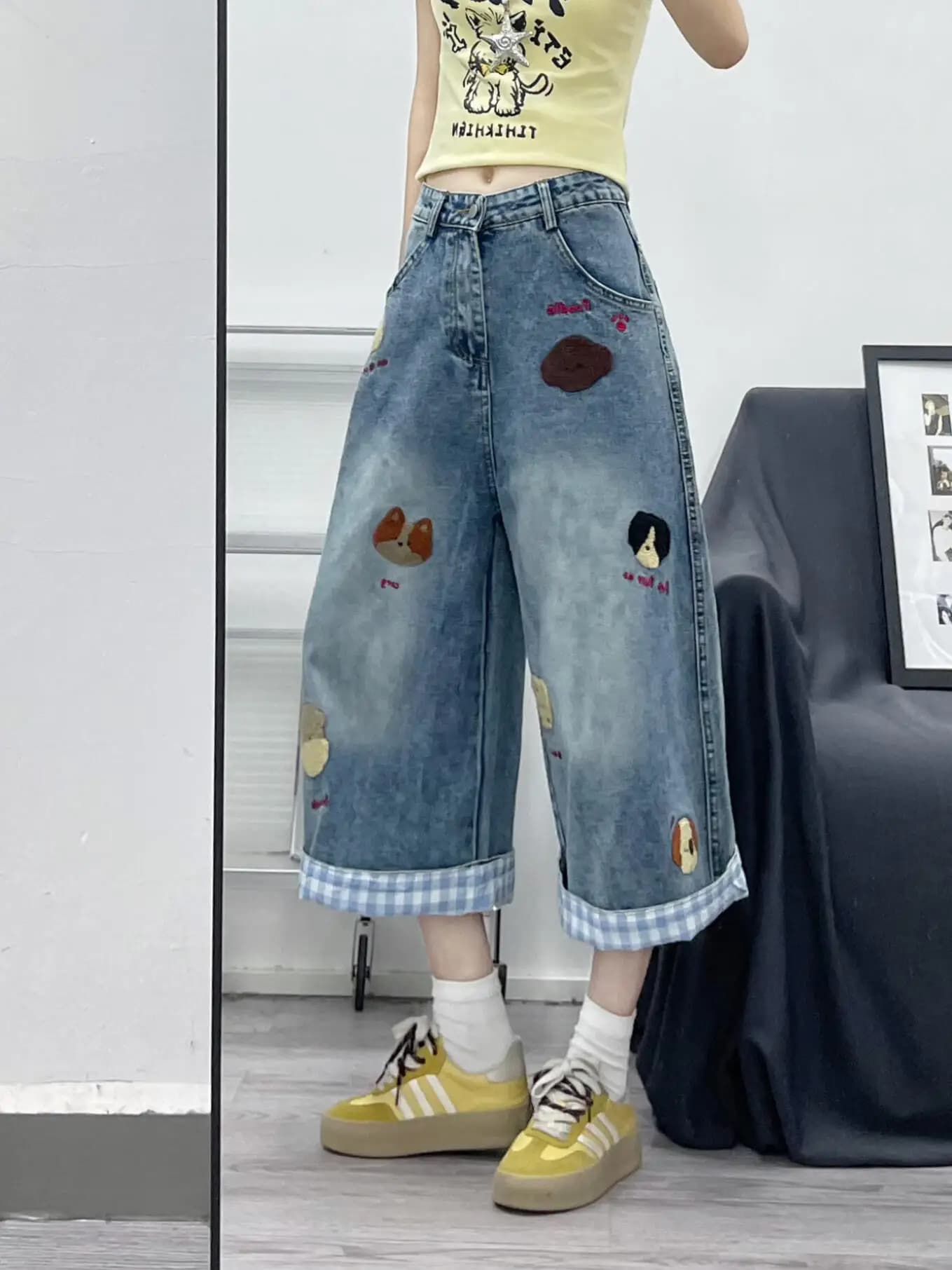 American Retro Embroidered Dog High Waist Wide Leg Jeans Shorts Women Summer Plaid Cuffed Loose Slimming Loose Fit Pants