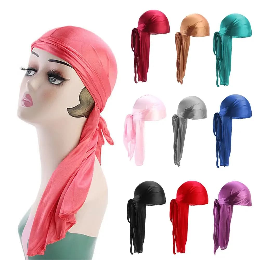 Fashion Pre-Tied Silk Durag Adjustable Elastic Pirate Hat Polyester Turban Hijab Men Women