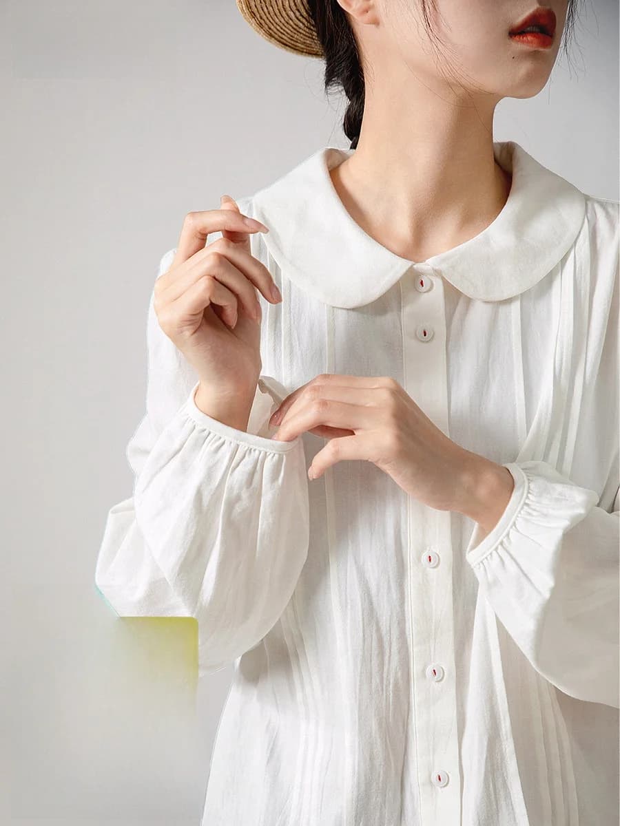 Camicia bianca in puro cotone a maniche lunghe con colletto in stile giapponese originale, top da donna versatile, primaverile, autunnale, traspirante e confortevole.