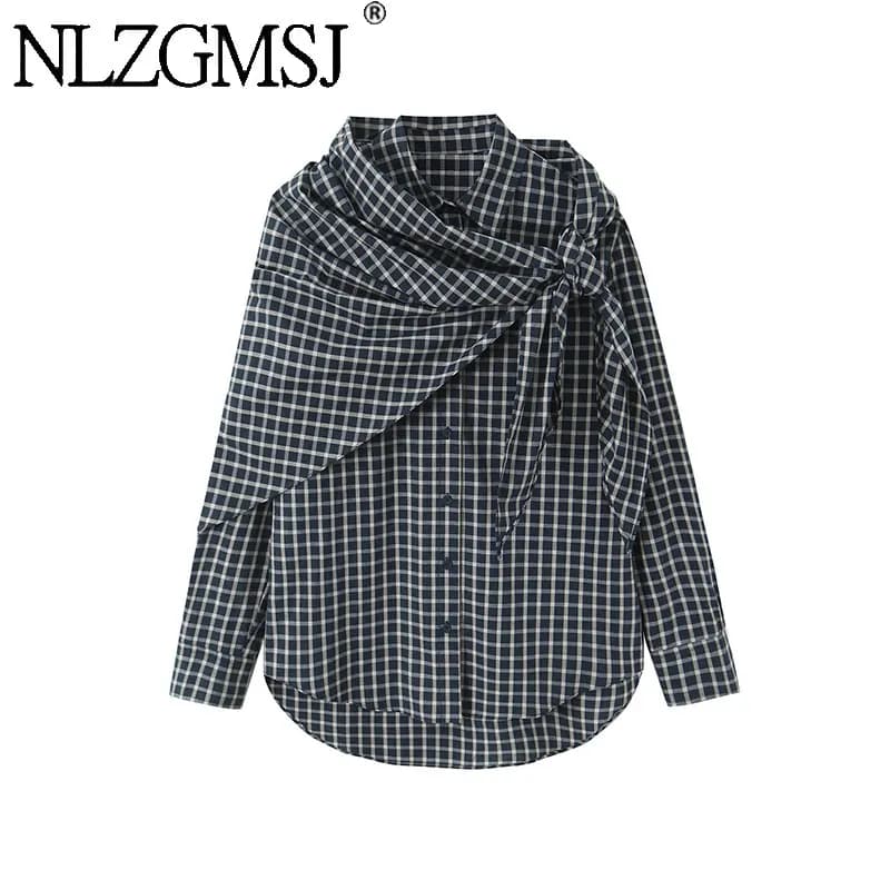 NLZGMSJ 2026 Primavera Autunno Nuova Camicia Casual da Donna con Stampa a Quadri, Colletto a Sciarpa, Camicia Larga Femminile Top Y2K
