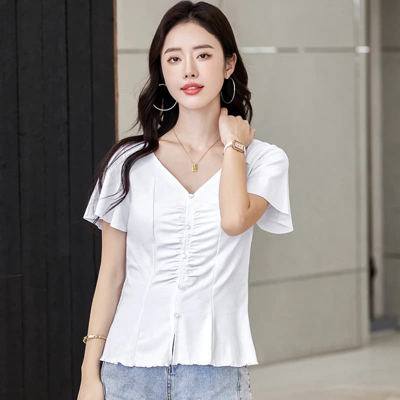Women's Pure Color Cotton V-neck Short Sleeve T-Shirt Soft Casual Fit Comfortable Everyday Wear Solid Color Tee