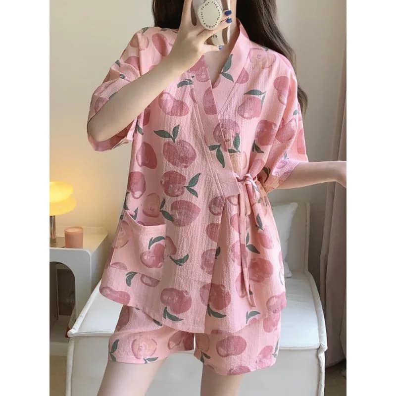 Nuovi indumenti da notte da donna Pigiama Kimono Studente Pantaloncini a maniche corte Top e pantaloni con stampa pesca Set indumenti da notte comodi