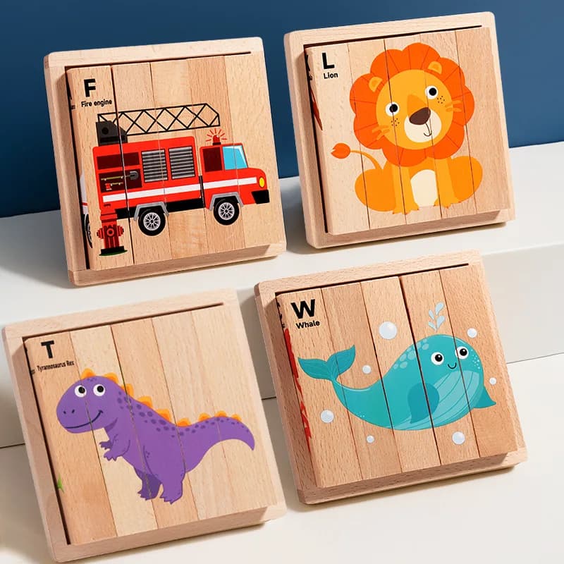 Blocchi di costruzione per il trasporto di animali con striscia stereoscopica in legno, giocattolo per l'illuminazione del puzzle dei dinosauri stradali, puzzle con motivo a 4 lati