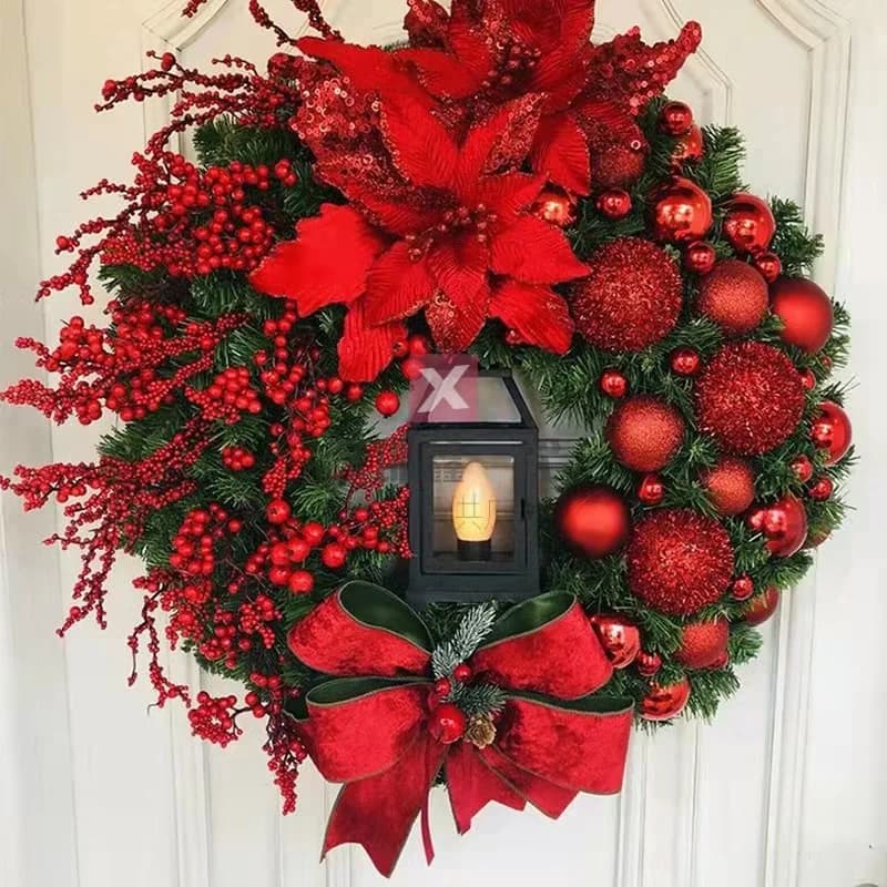 45cm Christmas Decoration Golden Wreath With Lamp For Front Door Red Ball Flower Garland Xmas Ornament Window Wall Hanging Decor