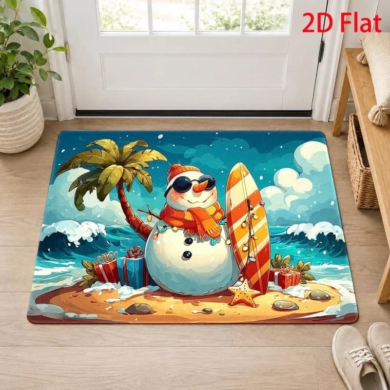 Surfing Snowman Christmas Doormat, Beach Ocean Palm Tree Printed Floor Mat, Funny Holiday Entryway Rug