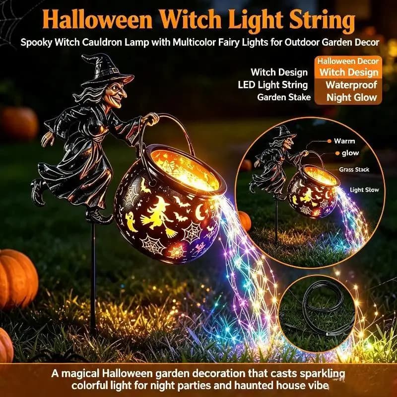 New Halloween Witch Cauldron Stake Light: Outdoor LED Flowing String Waterproof Garden Yard
