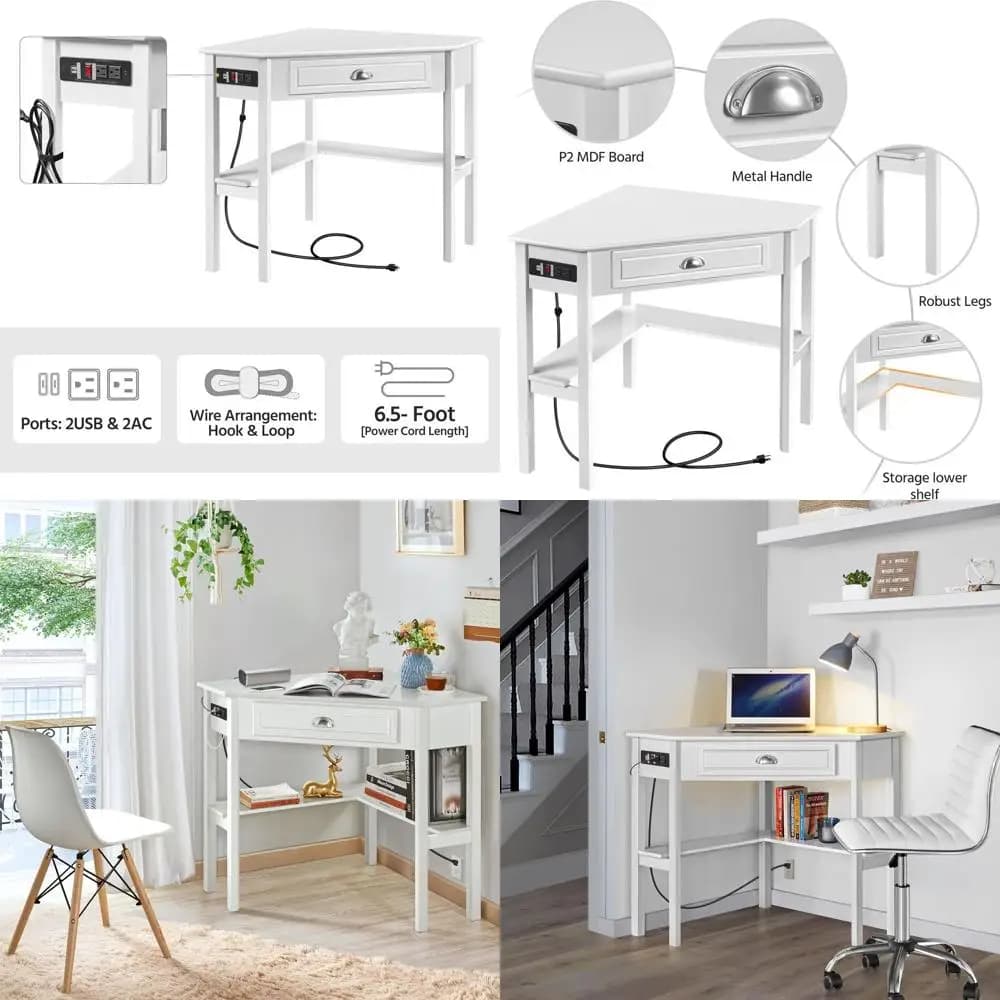 Scrivania a L Bianca con Prese di Corrente e Porte USB, Ideale per Piccoli Spazi e Home Office/Gaming