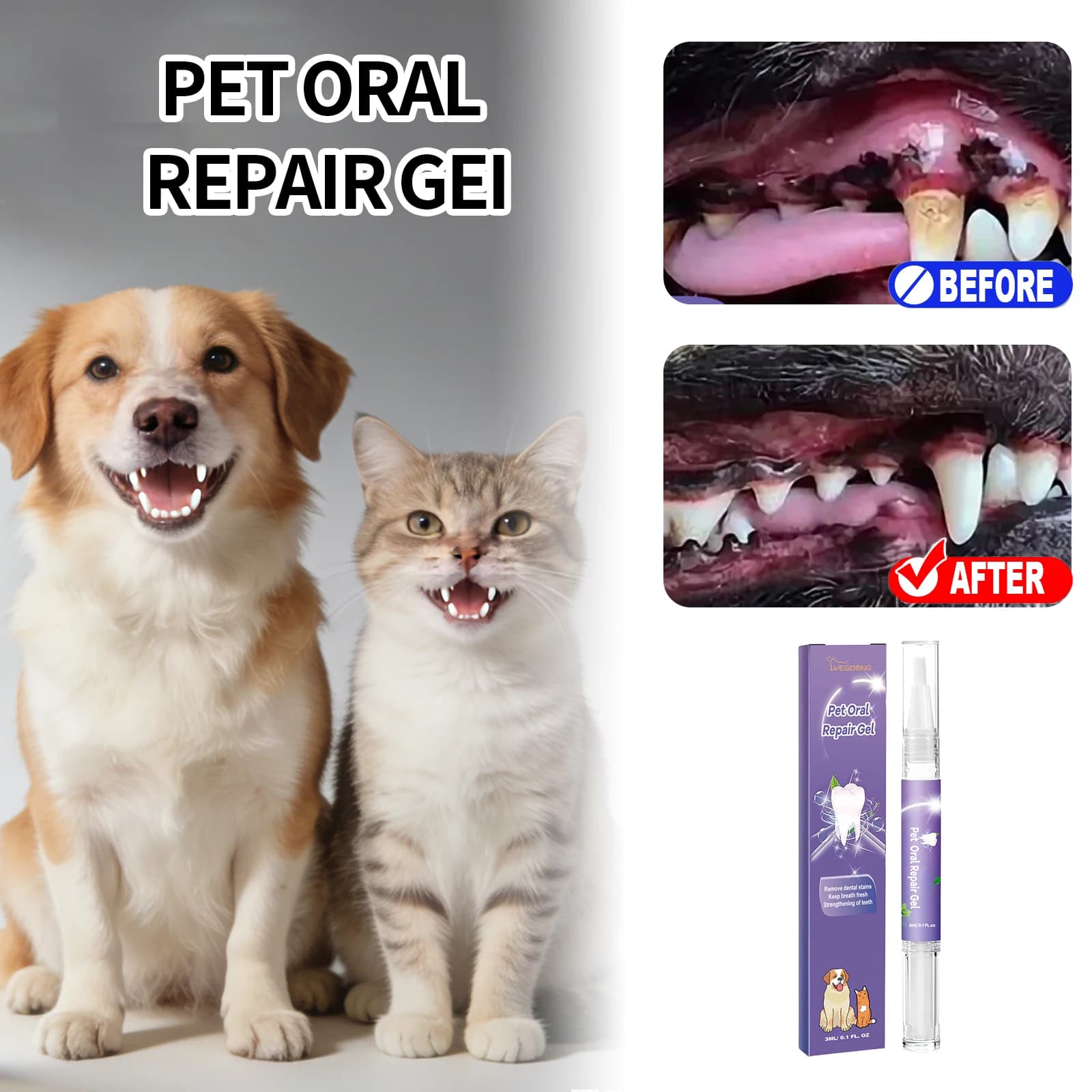 Gel Riparatore Orale per Animali Domestici, Ripara Danni alle Gengive, Rinfresca l'Alito, Rimuove Macchie di Tartaro, Non Serve Spazzolare, Penna Gel Sbiancante per Denti di Cani e Gatti