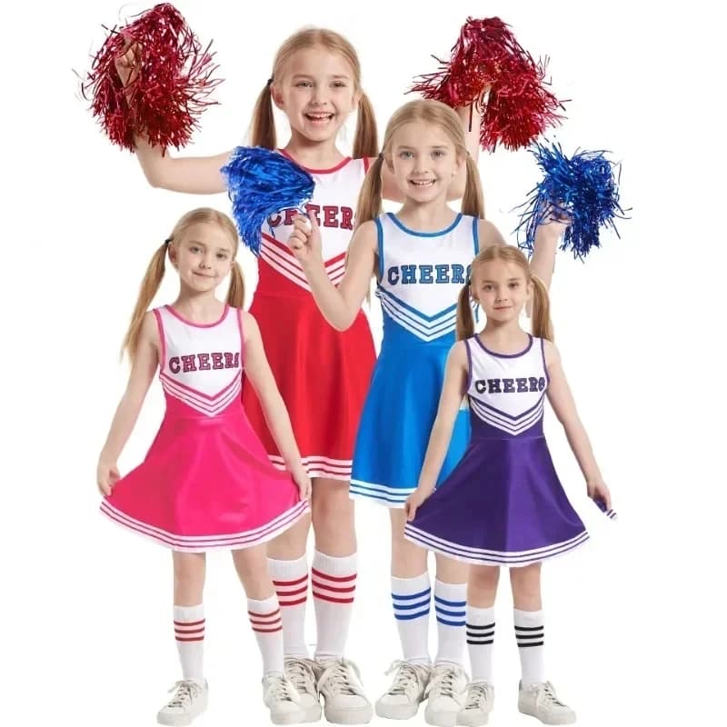 Costume da Cheerleader per Ragazze, Abito con Pon Pon, Outfit da Scolaretta, Uniforme per Esibizioni sul Palco