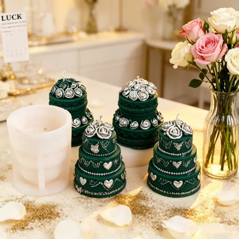 Simluation Rose Cake Candle Mold 3D Tiered Wedding Cake Molds DIY Intricate Rose Heart Embellished Designs Aroma Wedding Decor