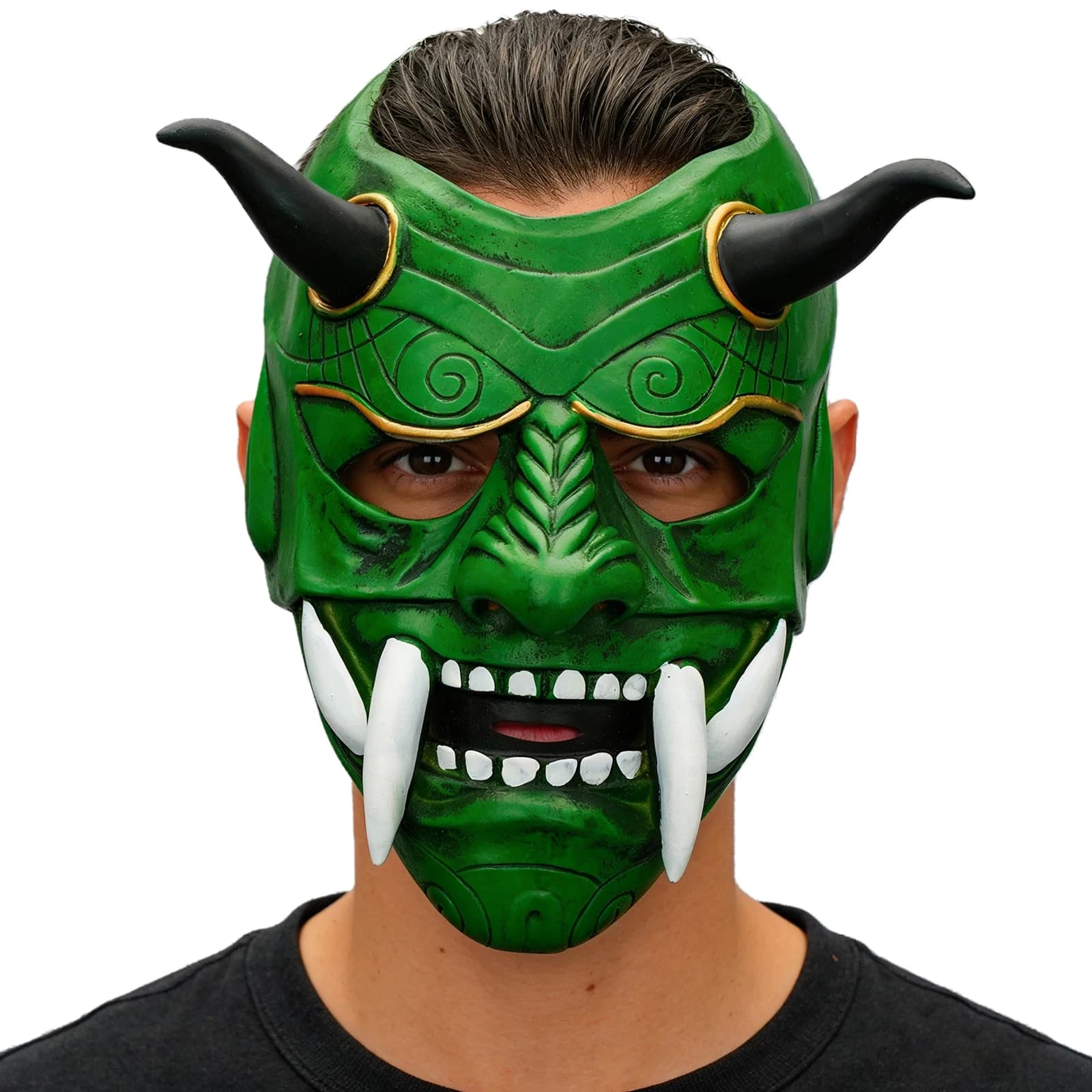 Green Oni Demon Half Face Mask with Horns & Fangs, Japanese Style Latex Mask for Halloween Cosplay, Party Photo Shooting & Haunt