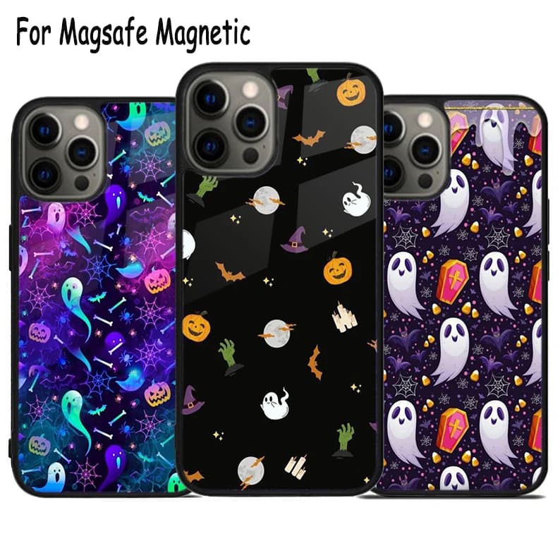 Custodia per telefono con ricarica wireless a tema Halloween Spooky Ghost Skull per iPhone 17 Air 15 16e 14 13 11 12 Pro Max Plus, Cover Magnetica Magsafe