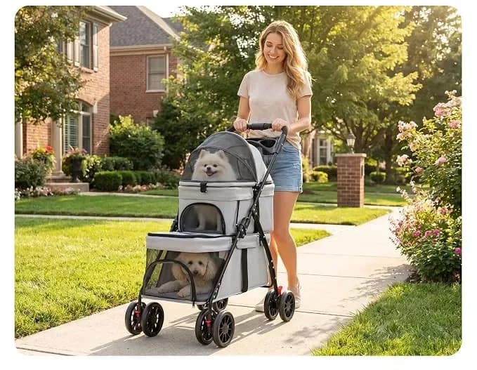 Double Deck Pet Stroller Folding 4‑Wheel Dog Cat Stroller Breathable Mesh Travel Carrier Cart for Two Small Pets
