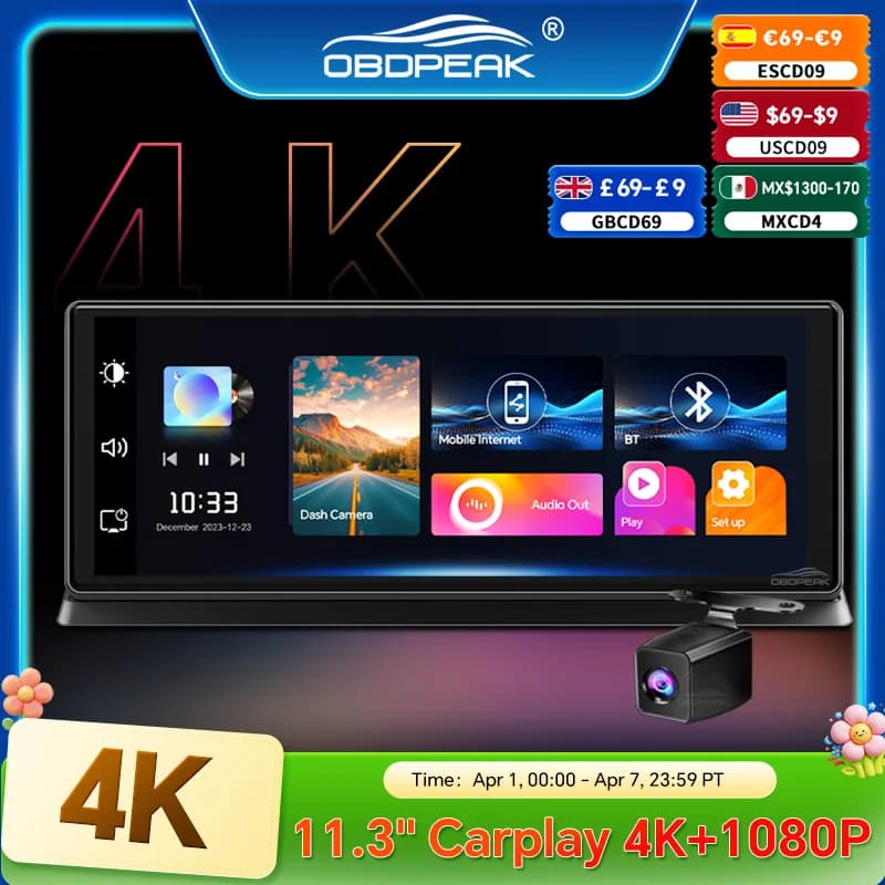 Dash Cam K2 Pro con Telecamera Posteriore 11.3", DVR 4K 2160P, Carplay e Android Auto, Navigazione GPS, Registratore Video per Cruscotto, WiFi 5G, AUX