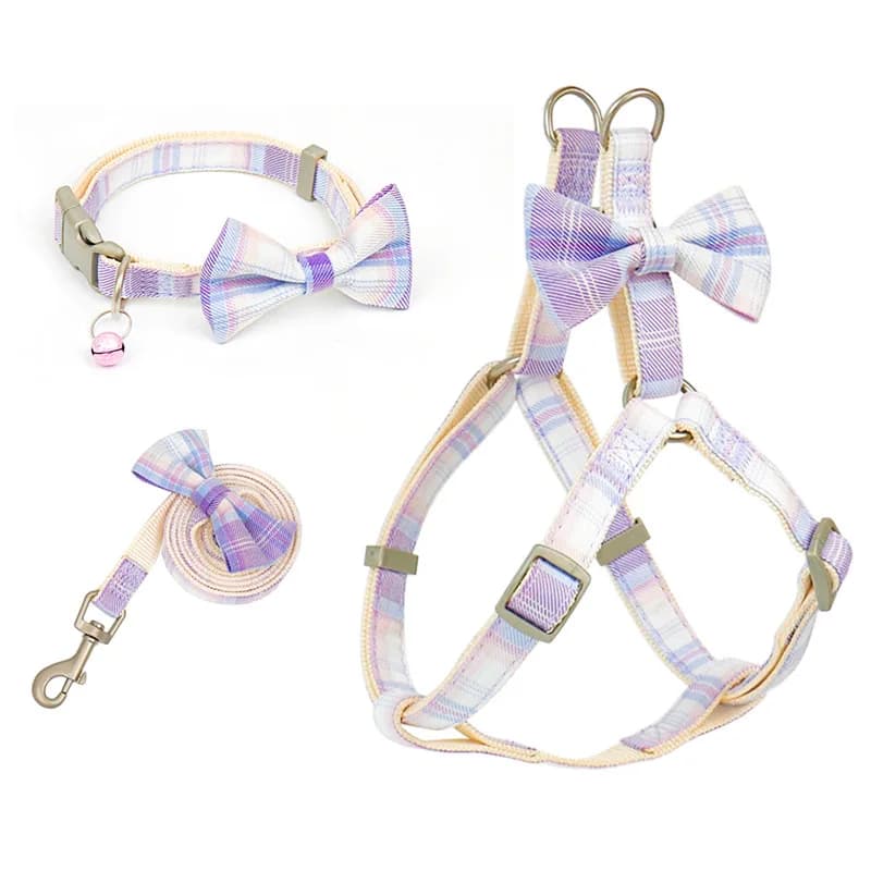 Set di guinzagli per gilet per cani regolabile Set di guinzagli per animali domestici con fiocco carino Collare per cani scozzese alla moda con imbracatura per cuccioli di gatto a campana Forniture per cani