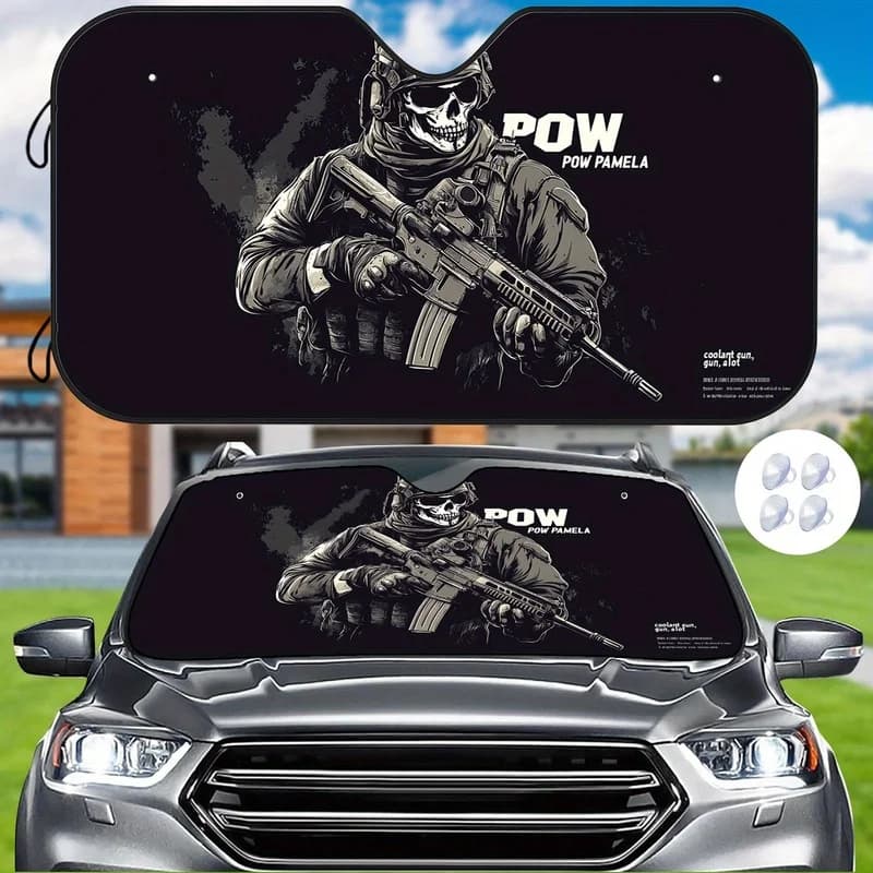 Combat Skull Gun Pattern Sunshade, Heat-Resistant and Scratch-Proof, Reduces Interior Temperature, Includes Mounting Kit