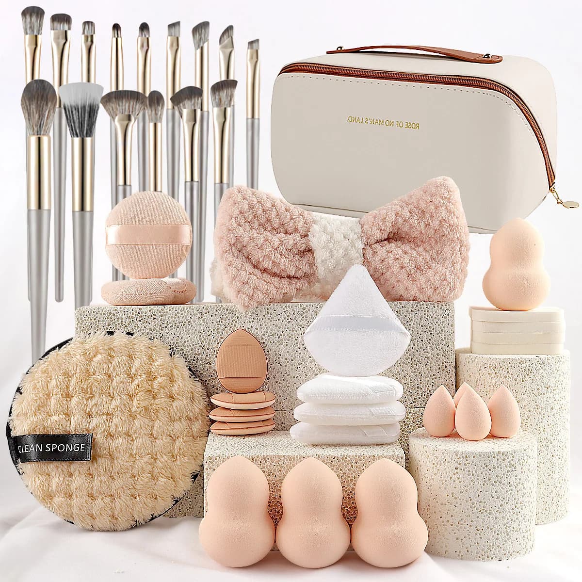 Leather Handle Bag with 36 Pcs Premium Makeup Set 15 Essential Brushes Sponges & Headband Professional Beauty Tool Kit Gift