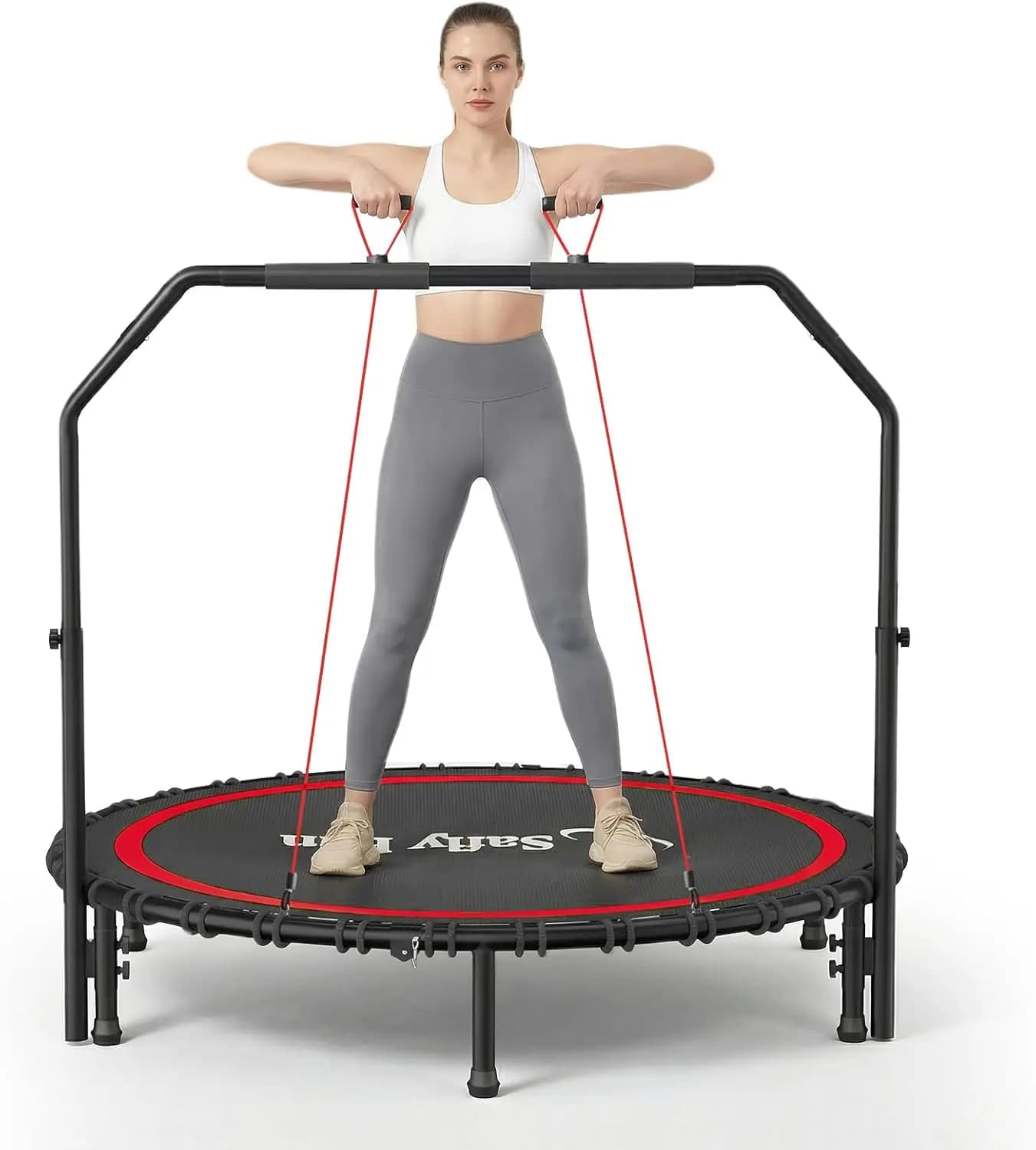 Trampolino Rebounder da 40/45/50 pollici per adulti, mini pieghevole con maniglia, portata 450-550 libbre, con bande di resistenza per cardio e equilibrio