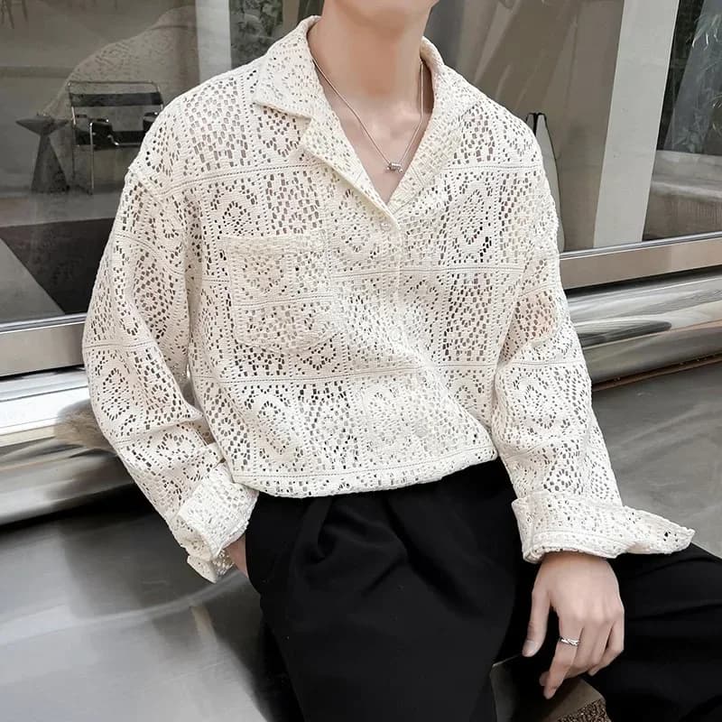 Camicie da uomo primavera autunno camicetta casual a maniche lunghe scavata camicie sociali eleganti e aderenti per uomo pullover abbigliamento da uomo