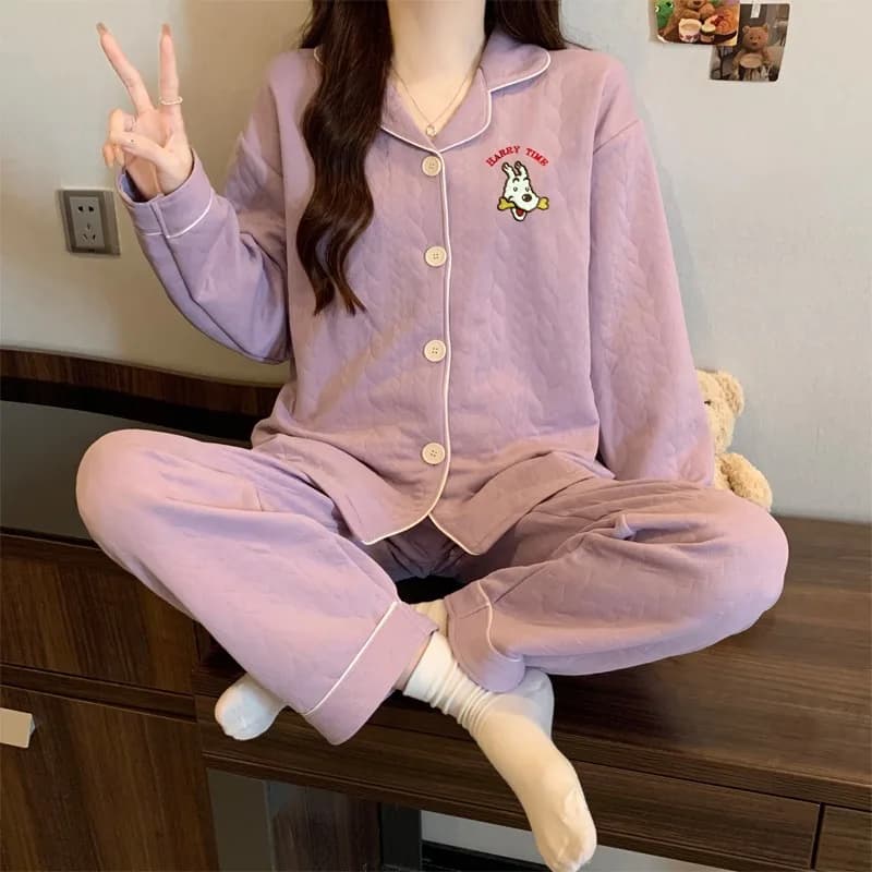 Lettera Cane Kawaii Ricamo Moda Indumenti da letto per le donne Y2K Manica lunga Risvolto Collo Pigiama Set Autunno Inverno 2 PC Set Pigiama