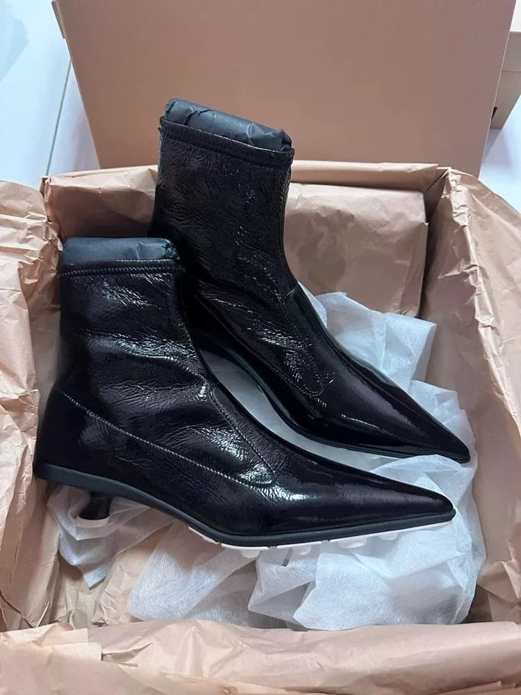 New cat heel and ankle boots for women's singles, pointed high heels, short boots, patent leather elastic boots, knight boots