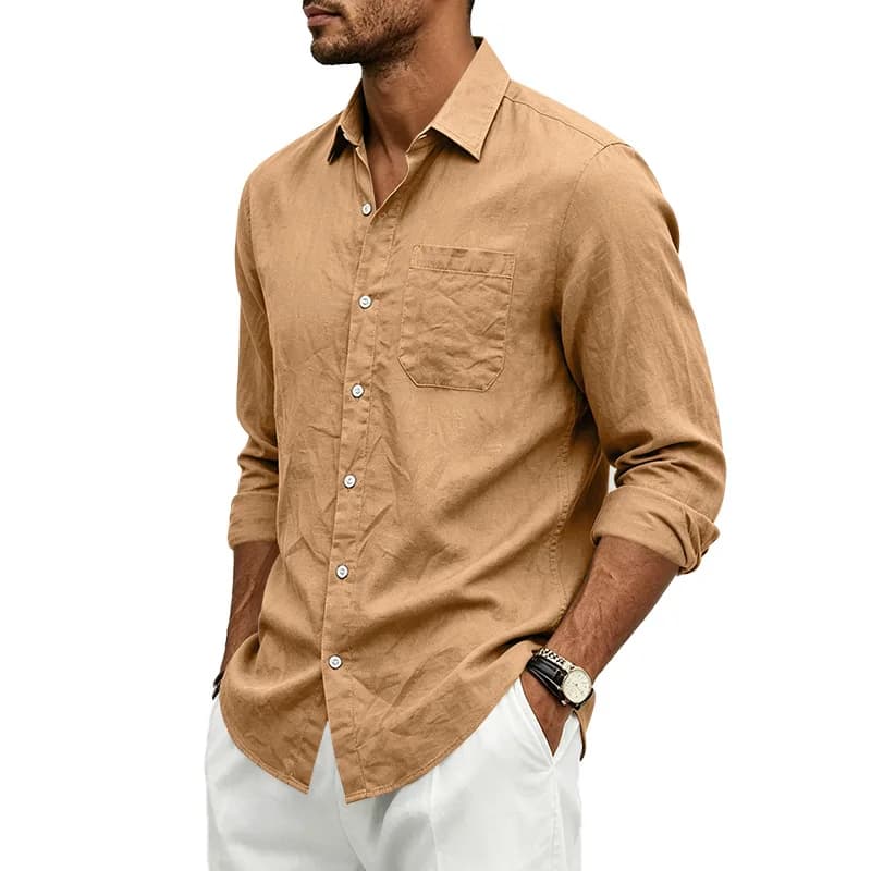 Men Solid Linen Long Sleeve Shirts 8 Colors Breathable Pocket Button Down Casual Loose Blouse Spring Summer Male Daily Wear Tops