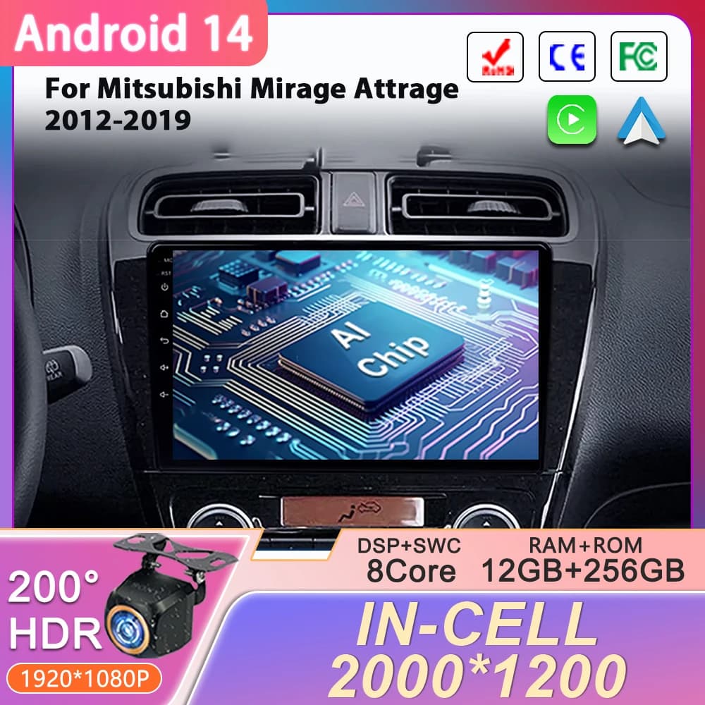Android 14 Per Mitsubishi Mirage Attrage 2012 - 2019 Autoradio Space Star 2014 Navigazione GPS Video Carplay Auto 4G WIFI QLED