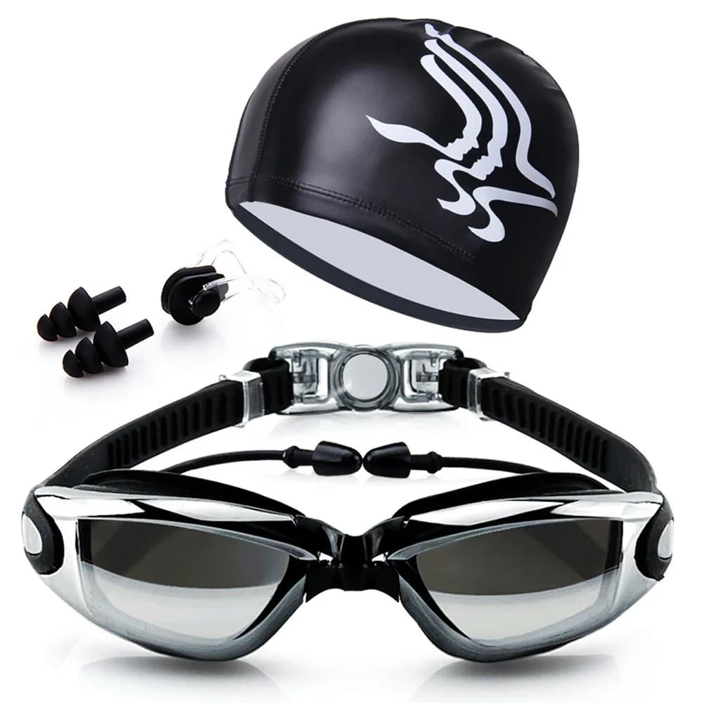 Kit of swimming glasses for adults lenses coated swimming glasses anti-fog + hood + bag + nose clip + earplugs for men woman lenses coated anti-fog