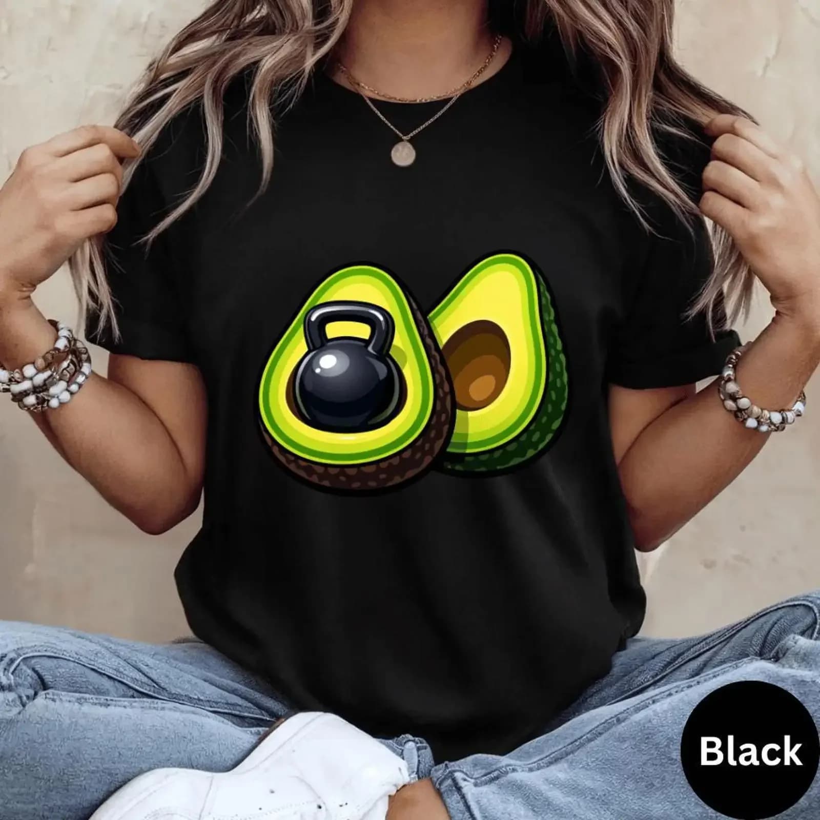 T-shirt divertente con avocado e kettlebell per amanti del fitness, stile vintage, lavata, casual, elasticizzata, con grafica.