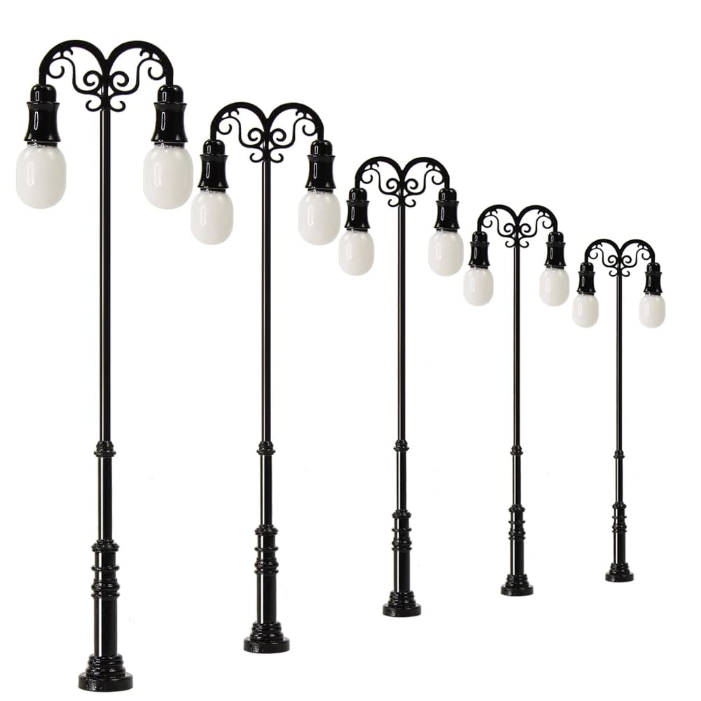 Evemodel 5 pcs. Lamps Scale N HO, Double Head Road Lights, LEDs for Railway Modeling, Miniature White Hot LQS72