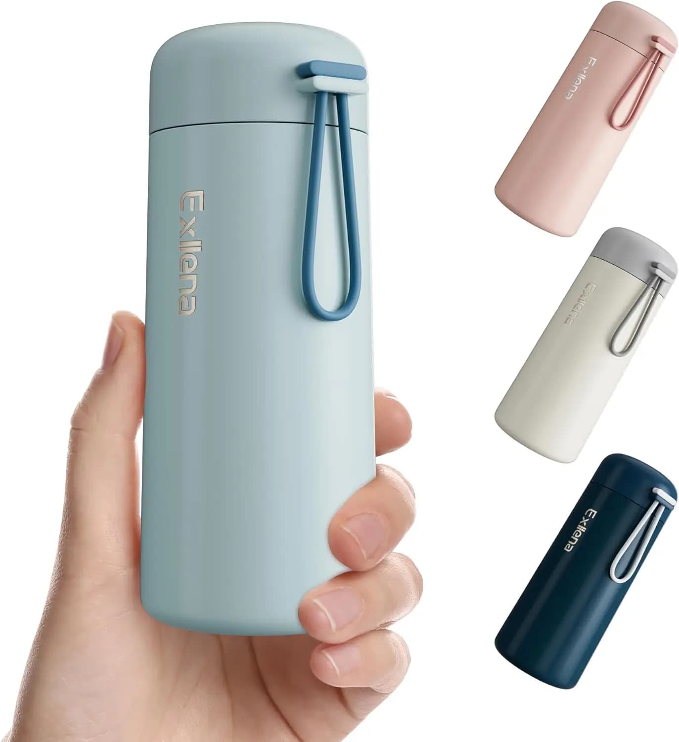 Bottiglia d'Acqua in Acciaio Inox 304 da 8oz, Doppia Parete Isolata Sottovuoto, Antigoccia, con Manico per Borsa (Blu Grigio)