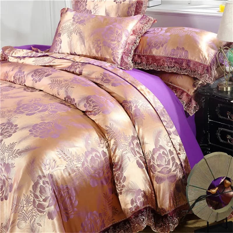 Set di Biancheria da Letto in Raso Jacquard Stile Nordico, Lussuoso Set Copripiumino con Motivi Floreali, Federe e Lenzuola per Letti Singoli, Matrimoniali e King Size