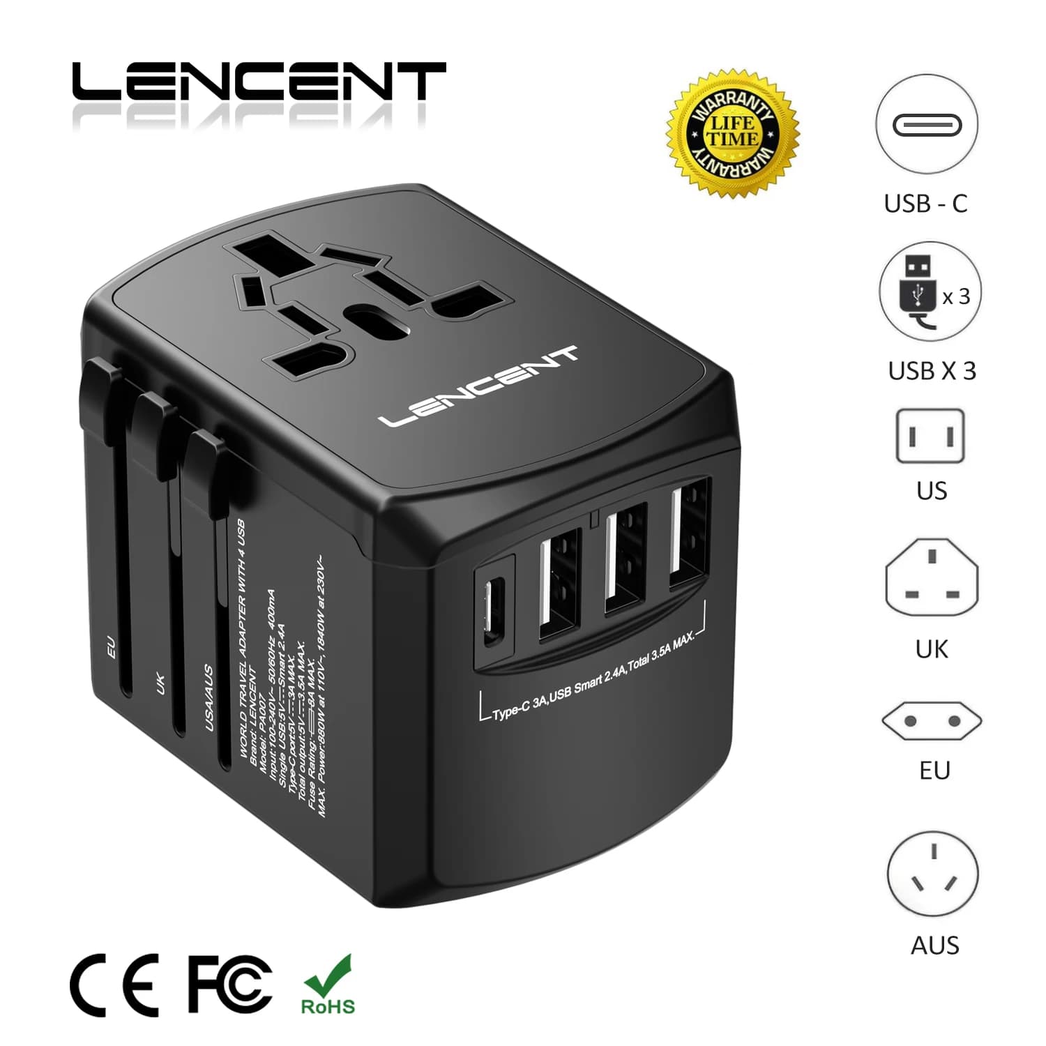 Travel Charger with international lancent travel adapter with 3 USB ports and All-in-one type C 1 wall charger for US EU UK AUS Travel