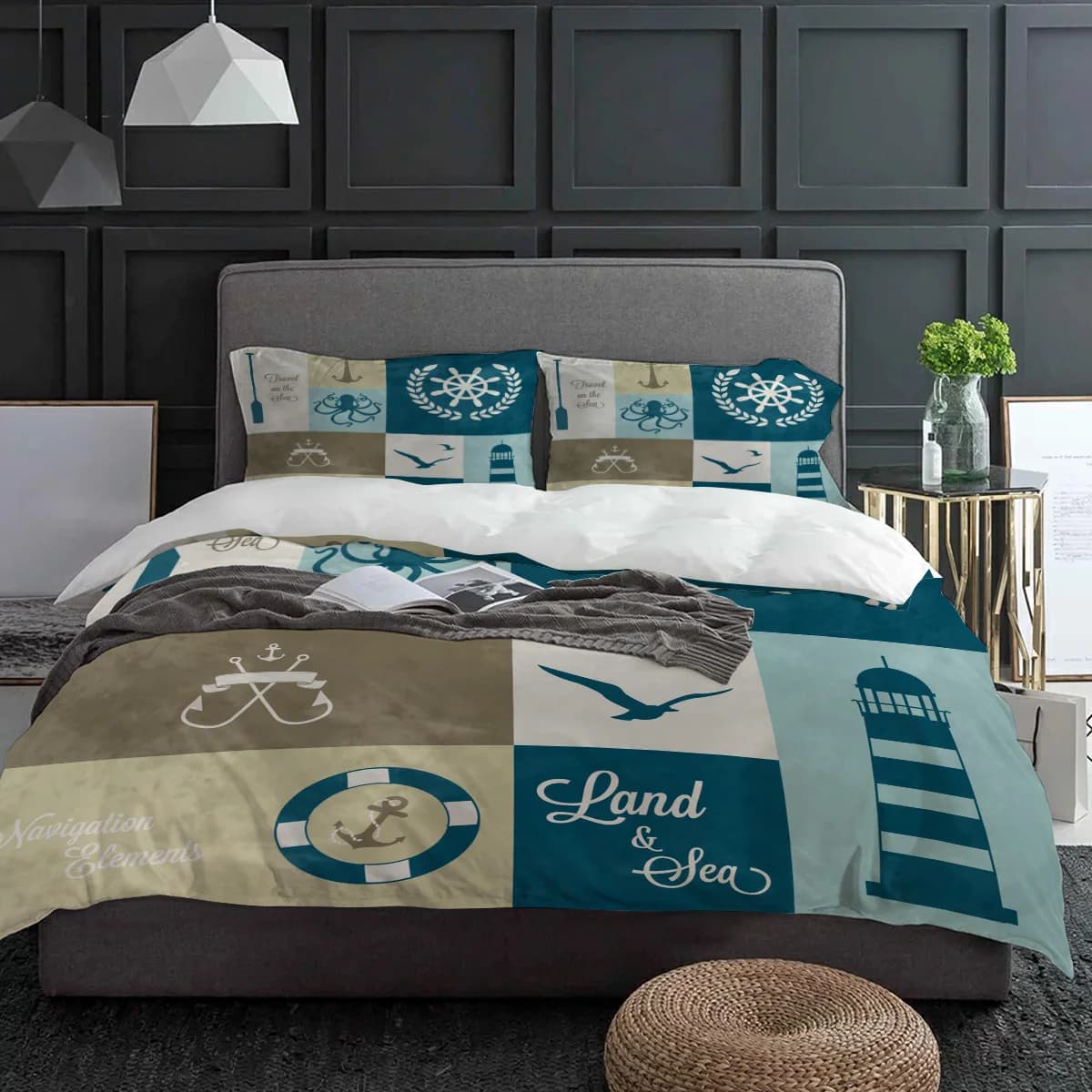 Anchor Lighthous Emblem Gabbiano Polpo Copripiumino con federa Personalizzato 3 pezzi Set biancheria da letto Copripiumino Letto matrimoniale Tessili per la casa