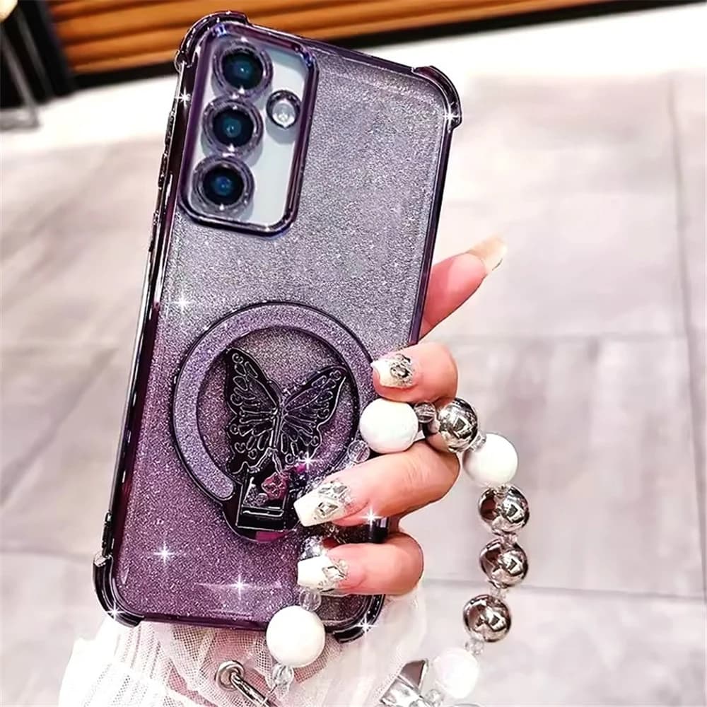 Cover per Telefono con Supporto a Farfalla e Braccialetto di Perline per Samsung A51 A31 A21S A50 A20 A30 A70 A71 A11 M56, Custodia Antiurto in Silicone Glitterato