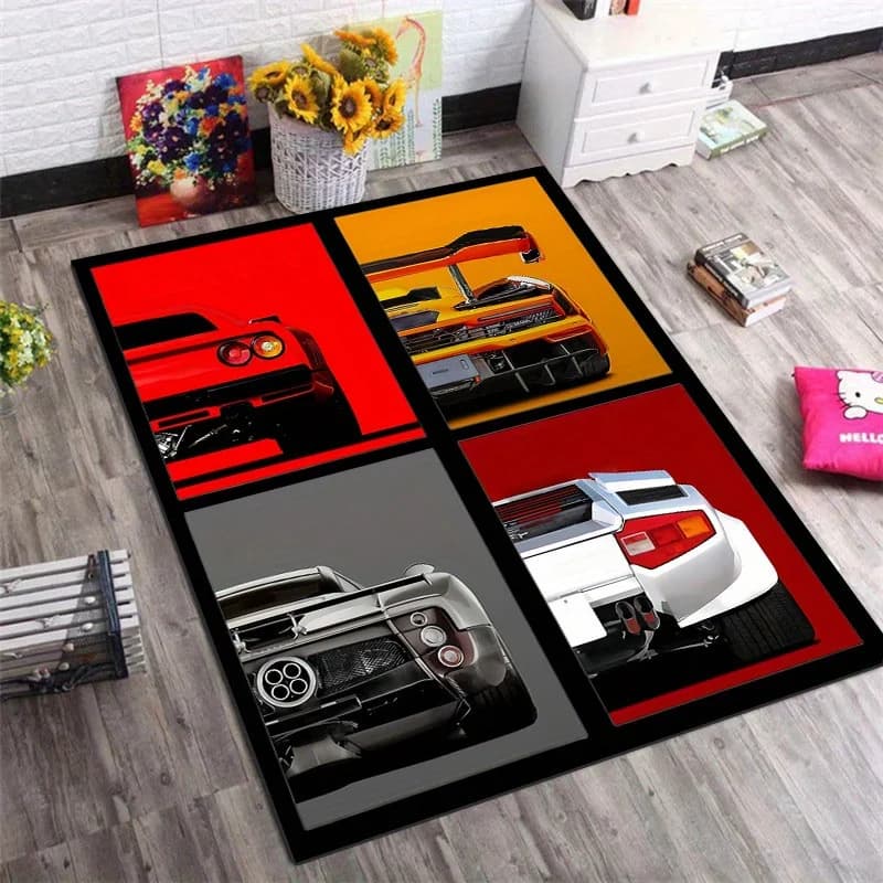 Tappeto Moderno con Motivo Auto per Ingressi, Soggiorni, Camere da Letto, Comodini, Sedie da Gaming, Tappeto con Stampa 3D Motivo Auto da Corsa