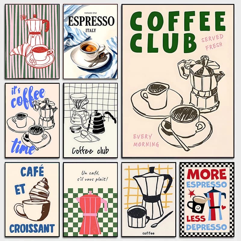 Bohemian Style Coffee Club Poster Coffee & Croissants Print Food Canvas Painting Wall Art Picture for Home Kitchen Decoration