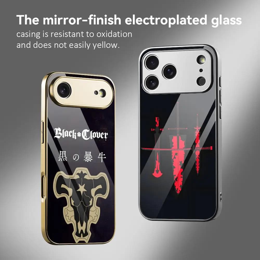 Black C-Clover Anime Phone Case For iPhone 17 16 15 14 13 12 Pro Max Plus Electroplated Metal Bumper Shockproof Case