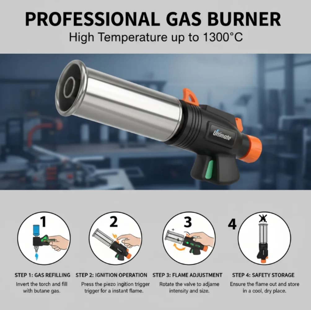 Torcia a Gas Butano Portatile in Metallo, Pistola a Fiamma per Saldatura, Riscaldamento, Campeggio, Barbecue, Cucina e Saldatura all'Aperto