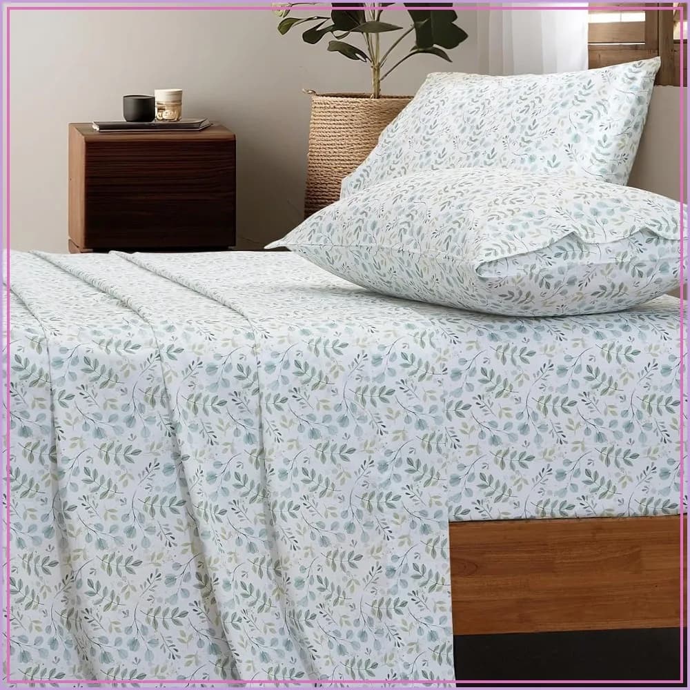 100% Cotton King Sheets Green Floral - Crispy Percale Deep Pocket Bed Sheets Soft Breathable Farmhouse