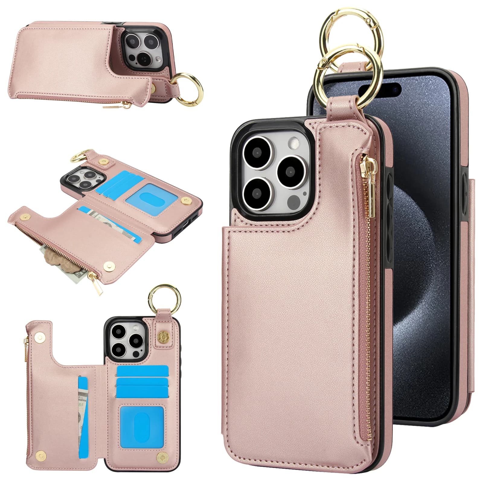 Carte con cerniera Solt Portafoglio Porta anello Custodia in pelle per iPhone 16 Pro Max 15 Plus 14 13 12 11 Doppia fibbia magnetica Rfid Cover
