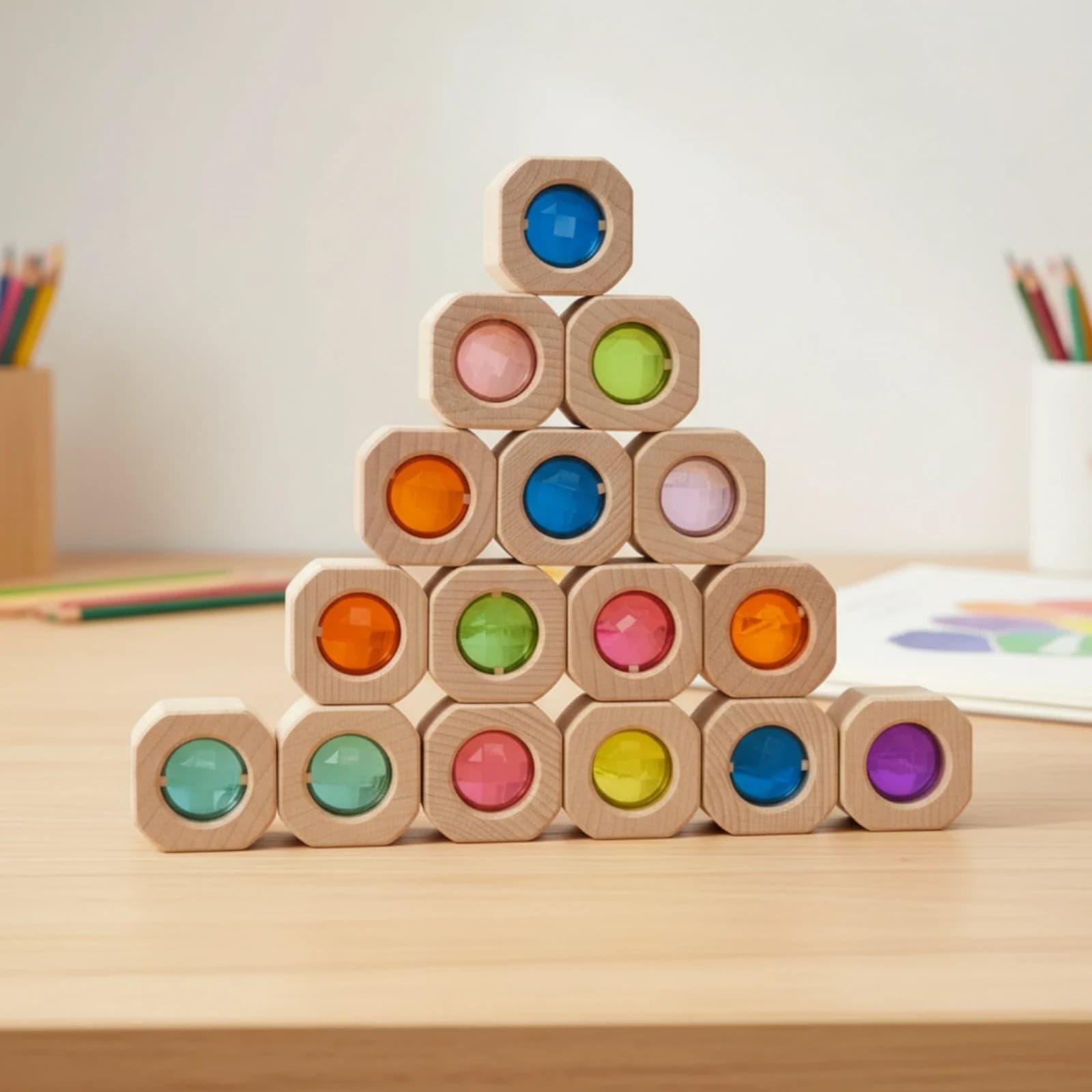 Geometric Blocks with Tray Hands-on Wooden Block Toy with Tray Sensory Blocks Easy to Hold Developmental for Preschoolers