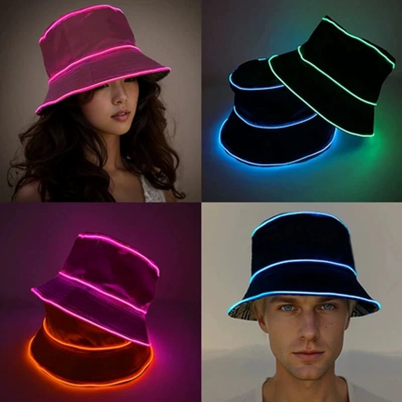 Cappello da pescatore luminoso a LED in tinta unita, cappello a secchiello con filo EL che si illumina al buio per feste in discoteca, rave, matrimoni e come accessorio.