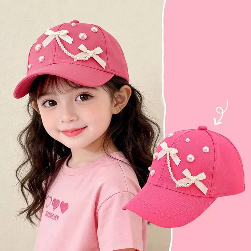 Pearl Pendant Bow Baseball Cap for Girl Duck Tongue Hat Long-Brim Kids Sun Hats Pink Purple Color Children Peaked Caps 2-9Year